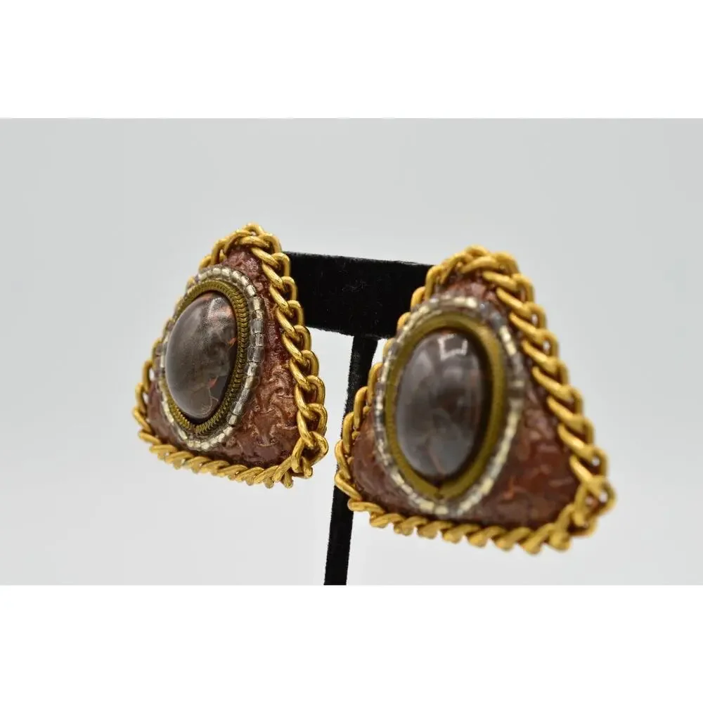 Vintage Clip On Earrings Faux Leather Wooden Bead Gold Chain Chunky 1980s 9L